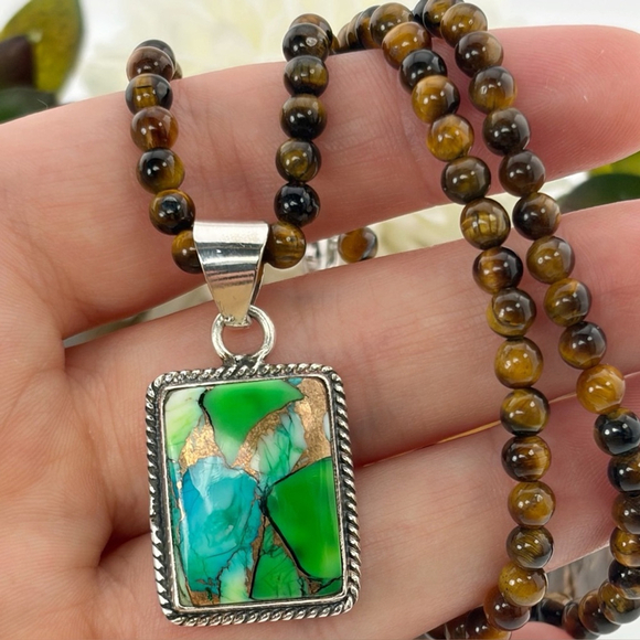 Southwest Jewelry - Peacock Dahlia Turquoise Pendant Necklace Boho Southwest Handmade New 925
